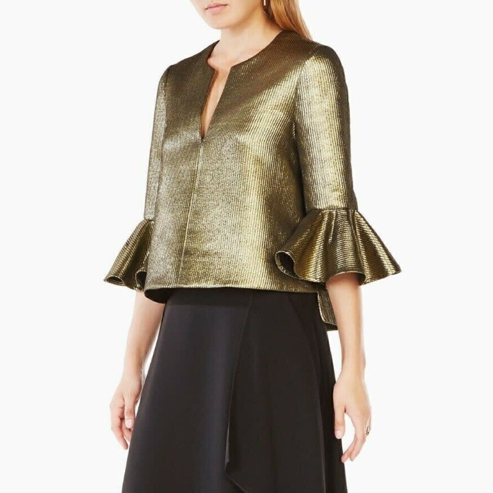BCBGMaxAzria - Gold Metallic Bell Sleeve "Valari" Blouse sz M
